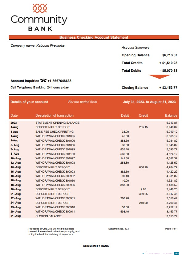 Download Community Bank Business statement Word and PDF template Photoshop template